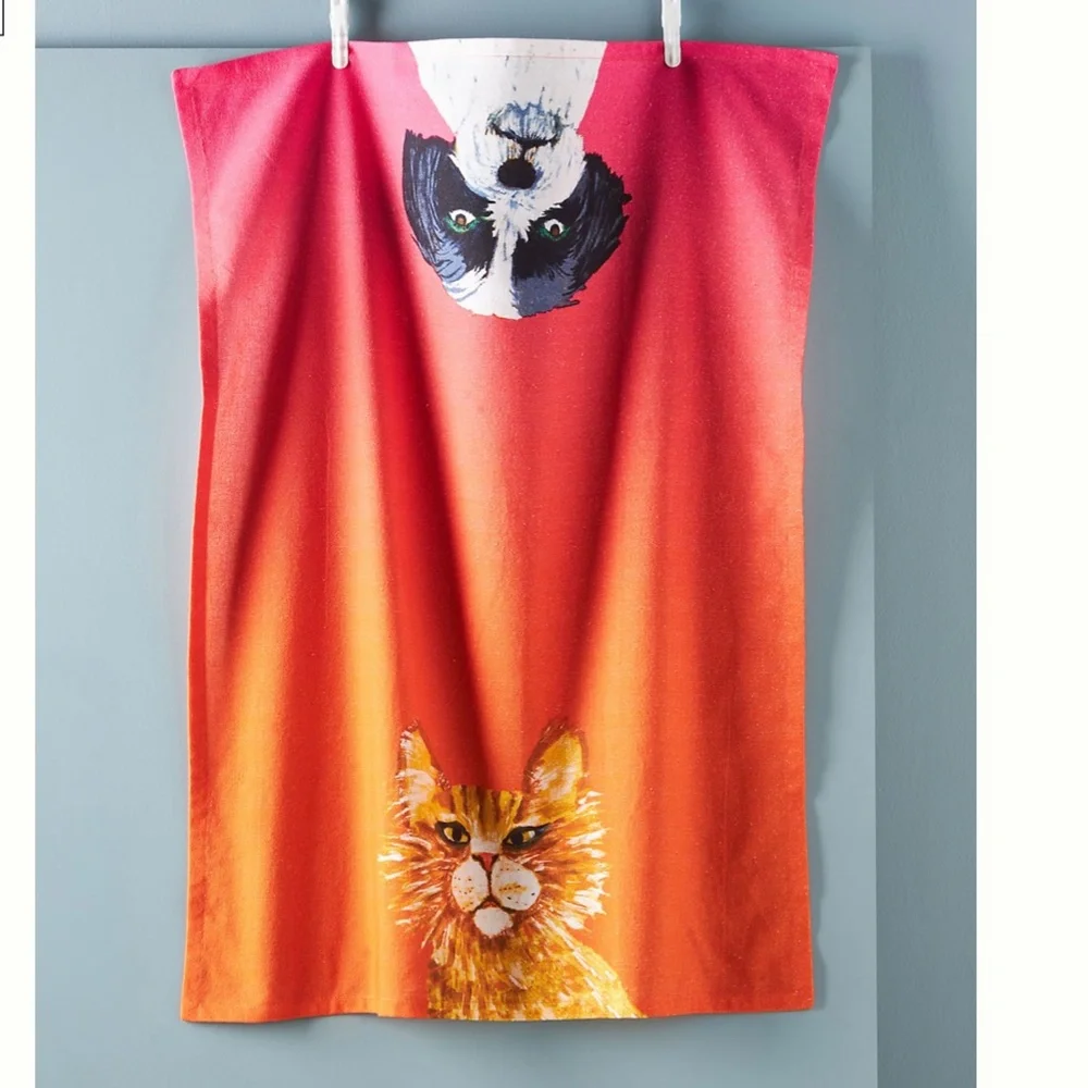 Carole Akins Furry Friends Cat Dog Hipster Hippie Peasant Art Boho Dish Towel